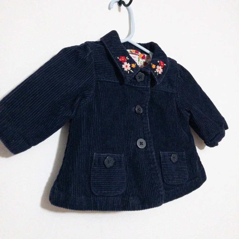 VTG Gymboree Blazer Infants 3-6M Blue 100 Cotton Embroidered Floral Corduroy Y2K
